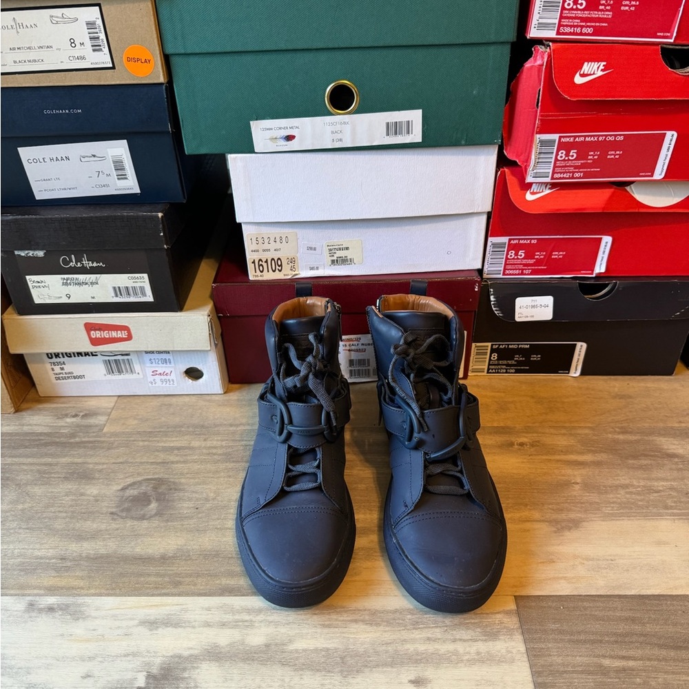 Bally Heilwing Hightop Sneaker. Rubber coated leather. $150.
